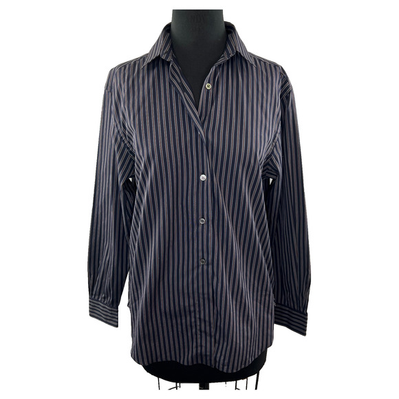 LORENZINI Navy Blue Burgundy Stripe Mens Button Down Dress Shirt 0 ITALY - Picture 1 of 8